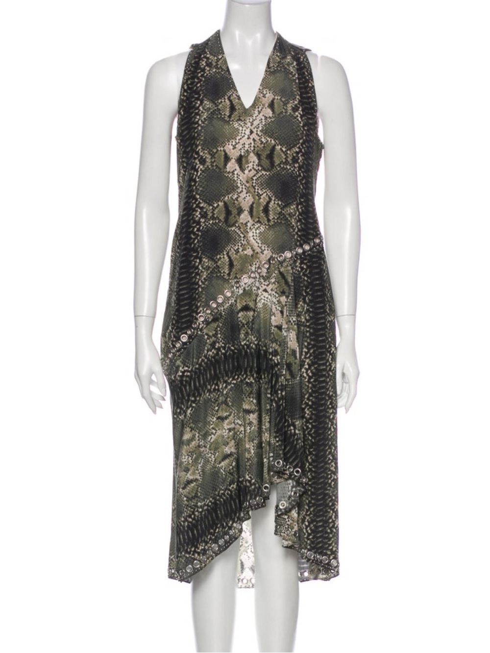 Haute Hippie 100% Silk Snake Print Grommet Trim V-Neck Midi Dress